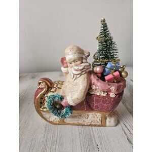 Brn ceramic Santa sleigh statue figurine decor wreath gifts tree Xmas decor